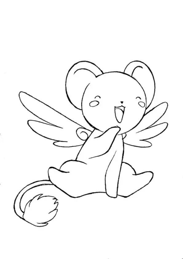 Desenho de contorno do personagem Kero, uma pequena criatura alada semelhante a um urso de pelúcia, sentado e sorrindo com os braços abertos.