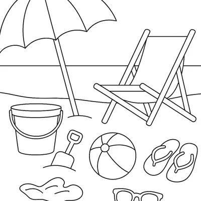 Desenho de contorno com diversos itens de praia: cadeira de sol, guarda-sol, balde, pá, bola de vôlei, chinelos e óculos de sol na areia.