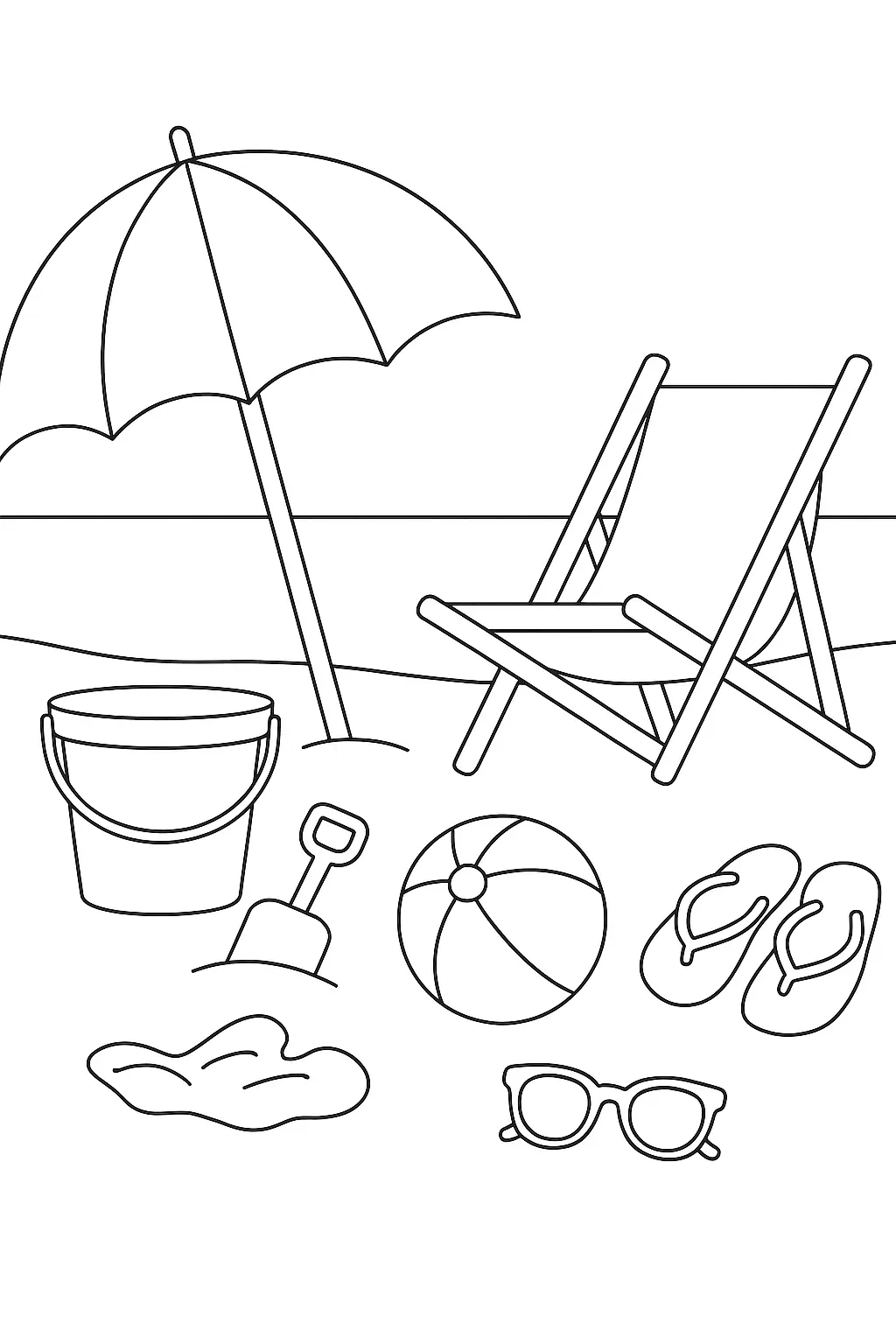 Desenho de contorno com diversos itens de praia: cadeira de sol, guarda-sol, balde, pá, bola de vôlei, chinelos e óculos de sol na areia.