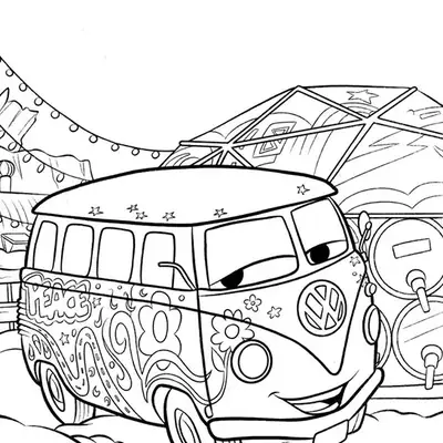 Desenho de contorno do personagem Fillmore, uma Kombi Volkswagen com pinturas de flores e símbolos de paz, em frente à sua tenda geodésica.