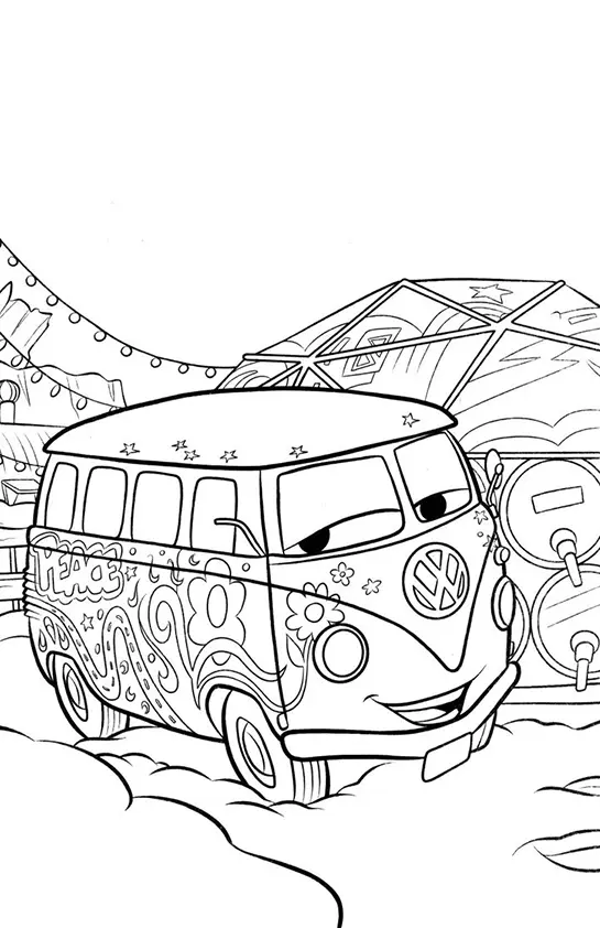 Desenho de contorno do personagem Fillmore, uma Kombi Volkswagen com pinturas de flores e símbolos de paz, em frente à sua tenda geodésica.