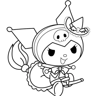 Desenho da Kuromi Bruxinha voando na Vassoura para Colorir