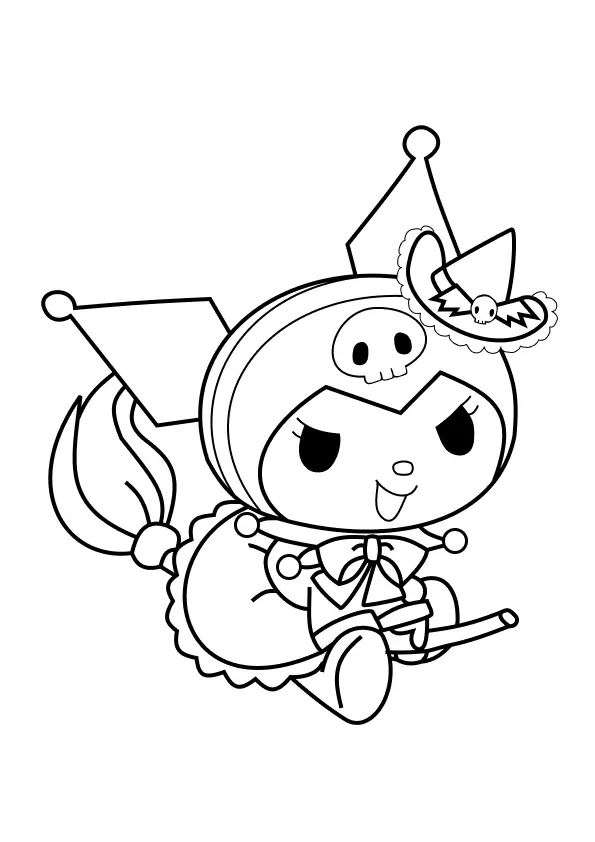 Desenho de contorno em preto e branco da Kuromi voando em um cabo de vassoura, usando um chapéu de bruxa com uma caveira e um laço no pescoço.