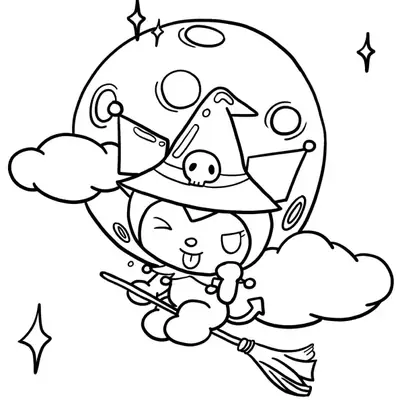 Desenho da Kuromi Bruxinha voando na Lua para Colorir