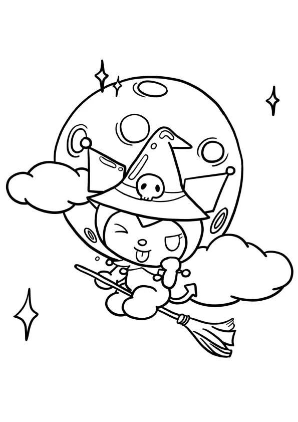 Desenho de contorno em preto e branco da Kuromi usando chapéu de bruxa e voando em uma vassoura mágica em frente a uma lua cheia com nuvens e estrelas.