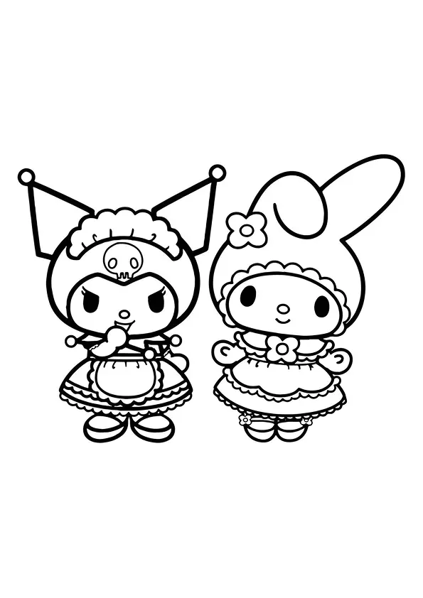 Desenho de contorno em preto e branco de Kuromi e My Melody em pé, lado a lado, ambas usando vestidos com aventais de babados.