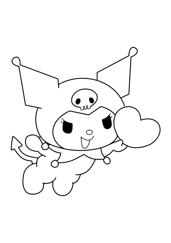 Desenho de contorno em preto e branco da personagem Kuromi flutuando e segurando um grande coração com as duas mãos.