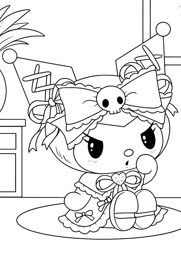 Desenho de contorno em preto e branco da personagem Kuromi sentada, usando um vestido com babados e um grande laço com uma caveira no centro.