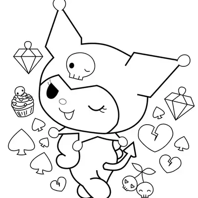 Desenho da Kuromi com Diamantes e Naipes para Colorir