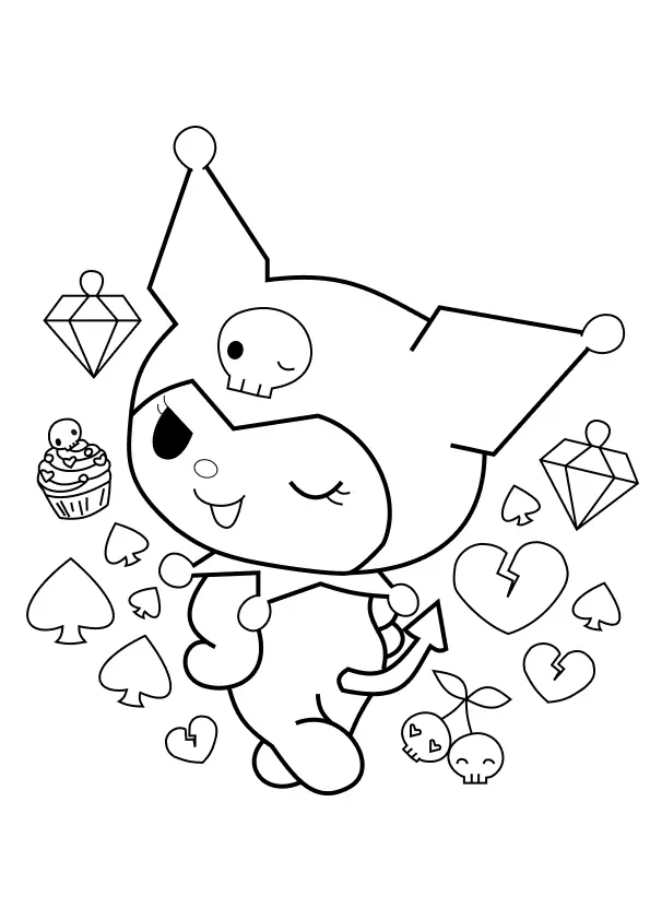 Desenho de contorno em preto e branco da Kuromi piscando e mostrando a língua, cercada por ícones de diamantes, espadas, corações e um cupcake.