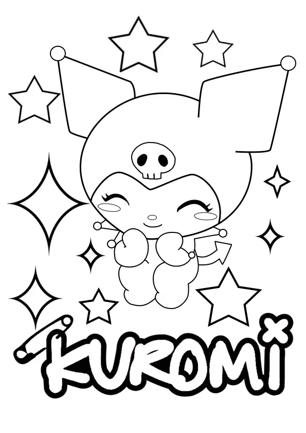 Desenho de contorno em preto e branco da personagem Kuromi com as mãos no rosto, olhos fechados e sorriso, cercada por várias estrelas e o nome "Kuromi" abaixo.
