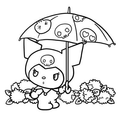 Desenho da Kuromi com Guarda-Chuva de Caveiras para Colorir