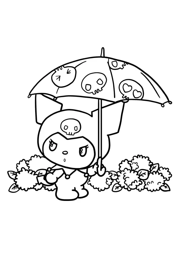 Desenho de contorno em preto e branco da personagem Kuromi segurando um guarda-chuva com estampas de caveiras, em meio a arbustos de flores.