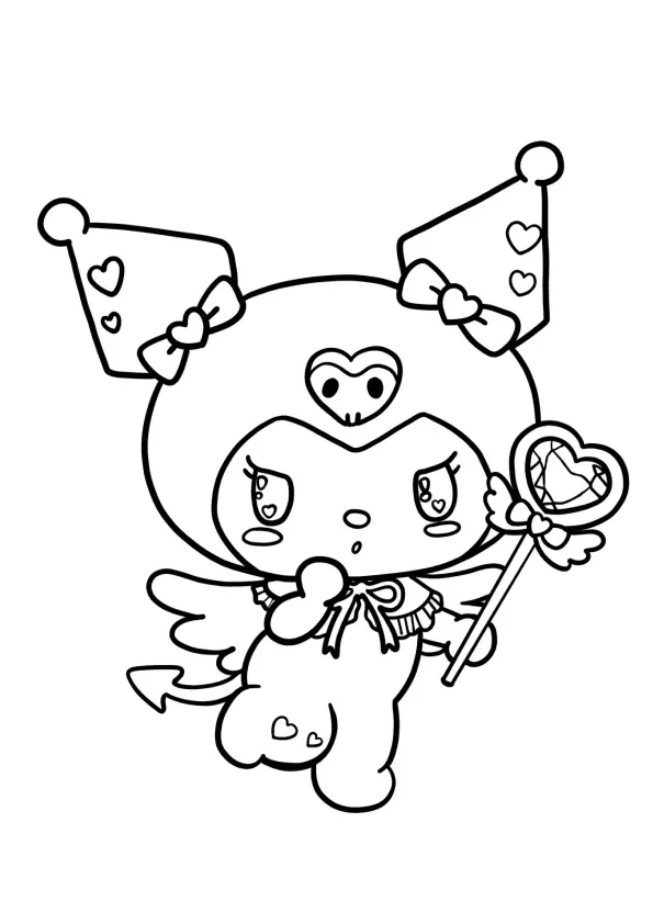 Desenho de contorno em preto e branco da personagem Kuromi com asinhas de morcego, segurando um cetro de coração e com corações decorando seu capuz.