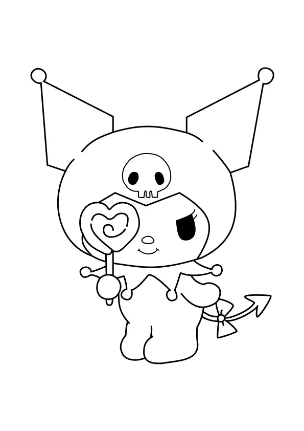 Desenho de contorno em preto e branco da personagem Kuromi, da Sanrio, segurando um pirulito de coração em frente ao olho.