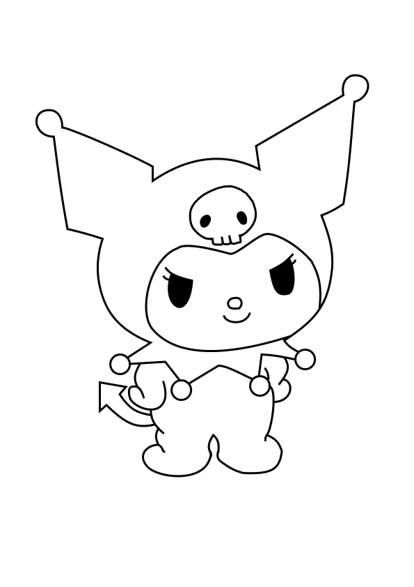 Desenho de contorno em preto e branco da personagem Kuromi em pose frontal, com as mãos na cintura e sua característica cauda de diabinha.