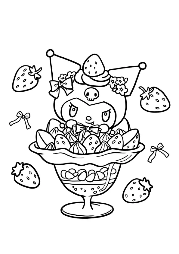Desenho de contorno em preto e branco da personagem Kuromi saindo de dentro de uma taça de sobremesa com morangos, cercada por frutas e laços flutuando.