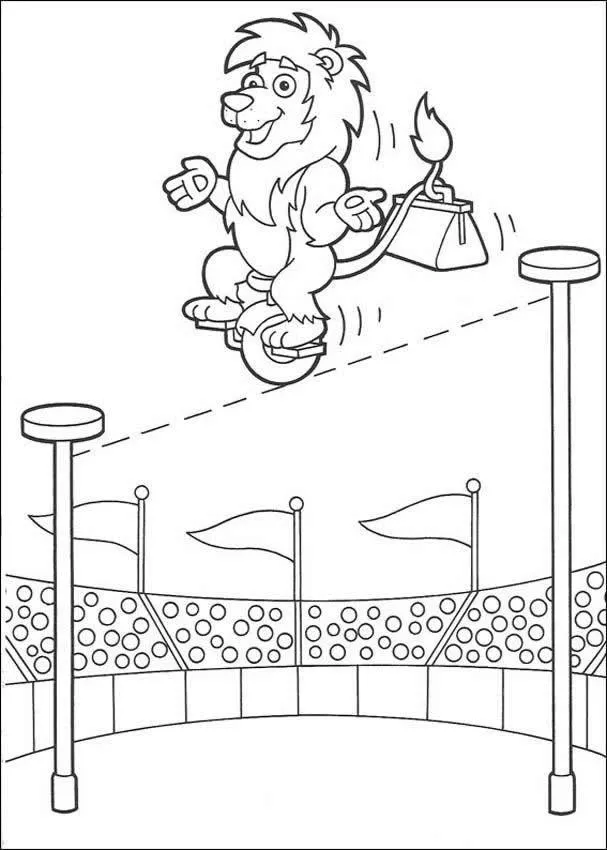 Desenho de contorno de um leão sorridente equilibrando-se em um monociclo sobre uma corda bamba, carregando uma bolsa na cauda, com o picadeiro ao fundo.