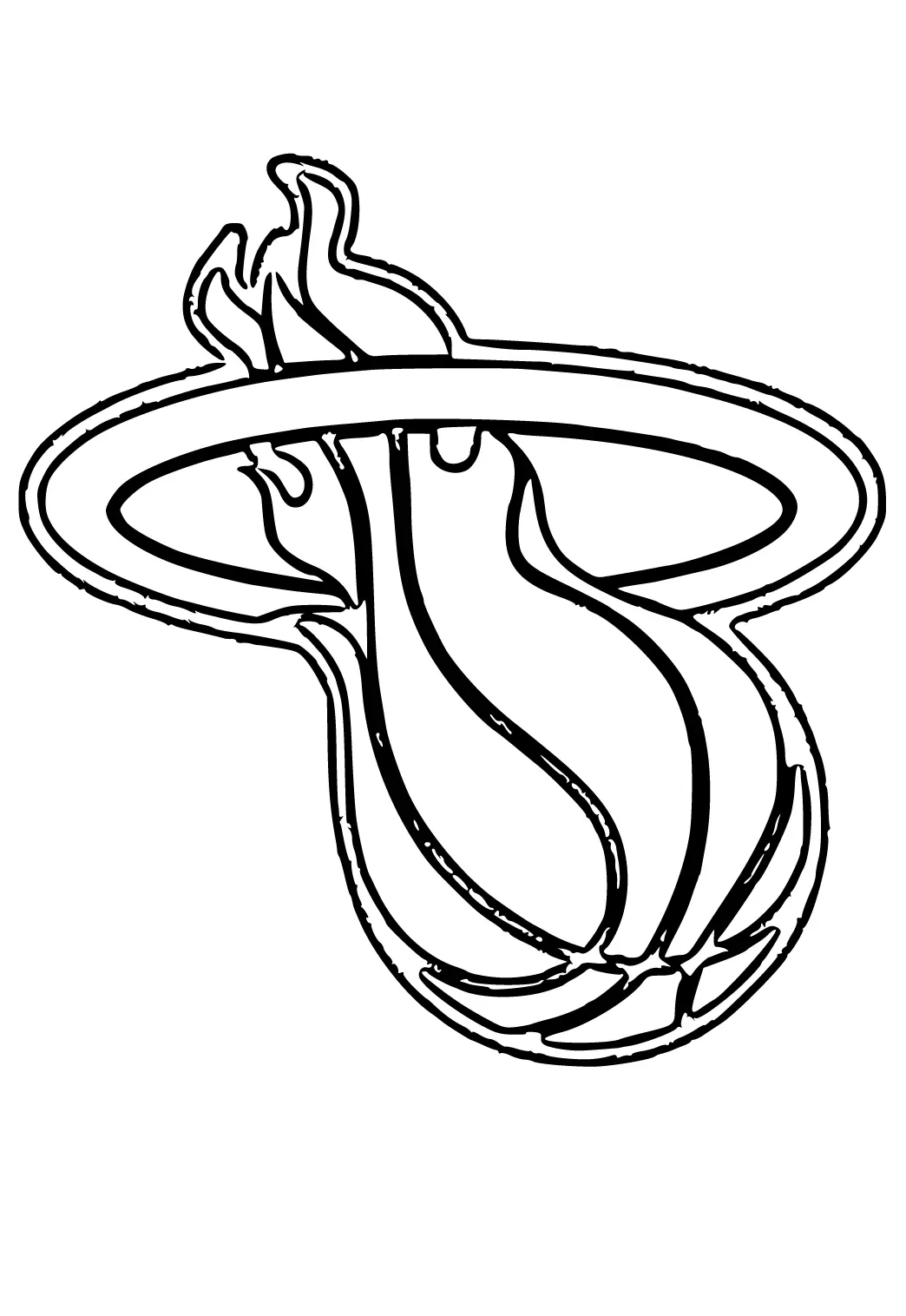 Desenho de contorno do logotipo do Miami Heat: uma bola de basquete com chamas subindo, passando por dentro de um aro circular.