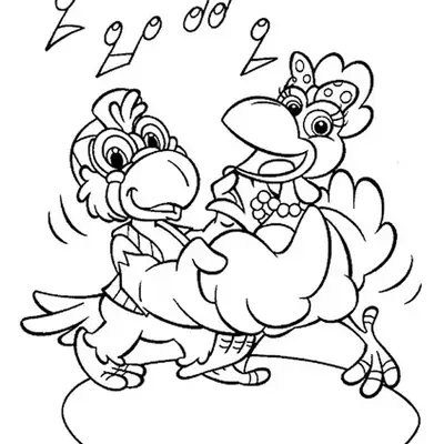 Desenho de contorno das galinhas Lola e Zazé do Cocoricó dançando de mãos dadas, com notas musicais ao fundo.