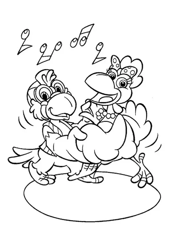 Desenho de contorno das galinhas Lola e Zazé do Cocoricó dançando de mãos dadas, com notas musicais ao fundo.
