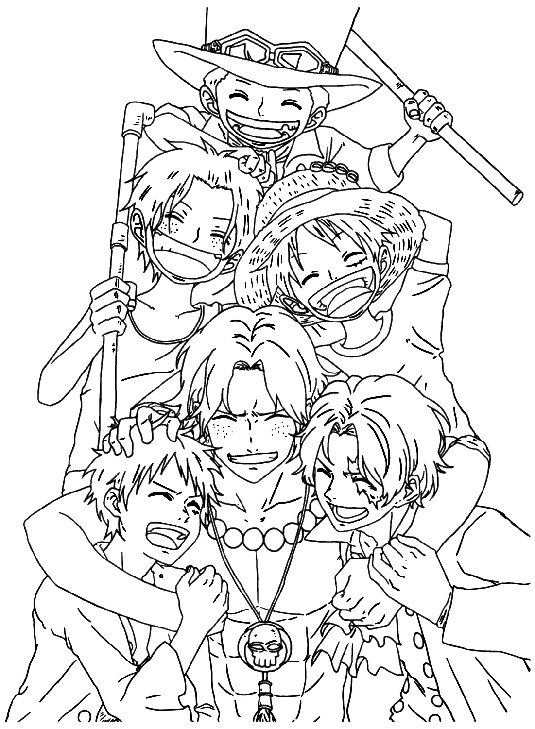 Desenho de contorno em preto e branco de Luffy, Ace e Sabo abraçados, mostrando versões deles quando crianças no topo e adultos na base.