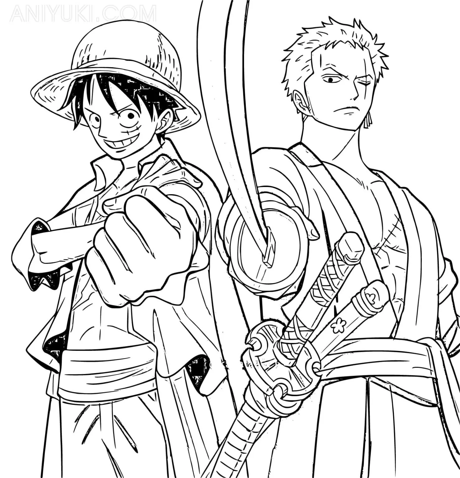 Desenho de contorno em preto e branco de Luffy estendendo o punho e Zoro segurando sua katana, ambos com trajes do arco de Wano.