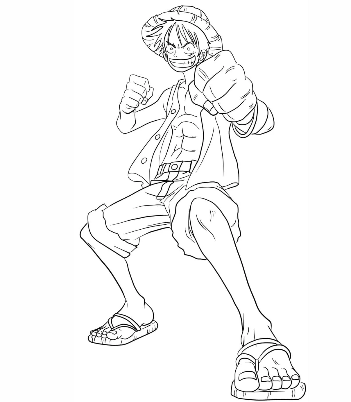 Desenho de contorno em preto e branco do Luffy de One Piece em pose de luta, com o punho esquerdo em destaque avançando para a frente.