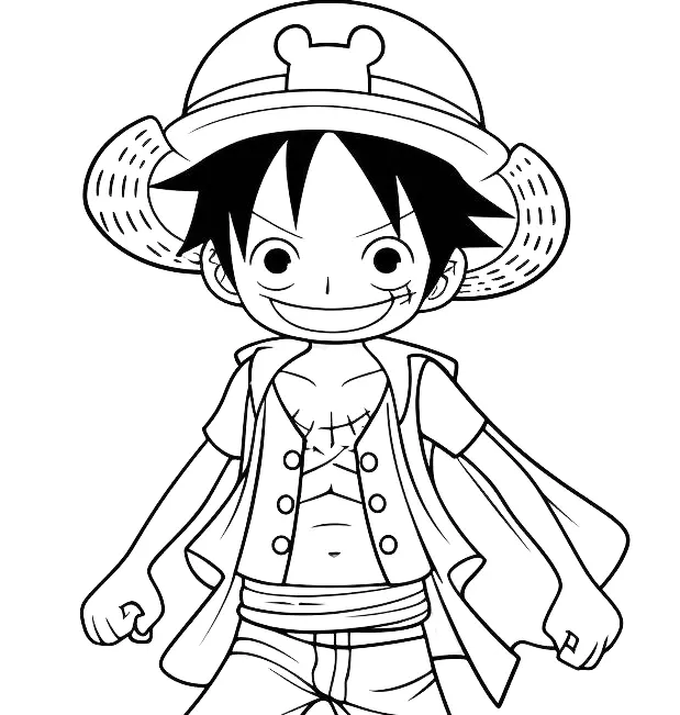 Desenho de contorno em preto e branco do Luffy de One Piece em estilo chibi, sorrindo e usando seu chapéu de palha com um detalhe de orelhinhas.