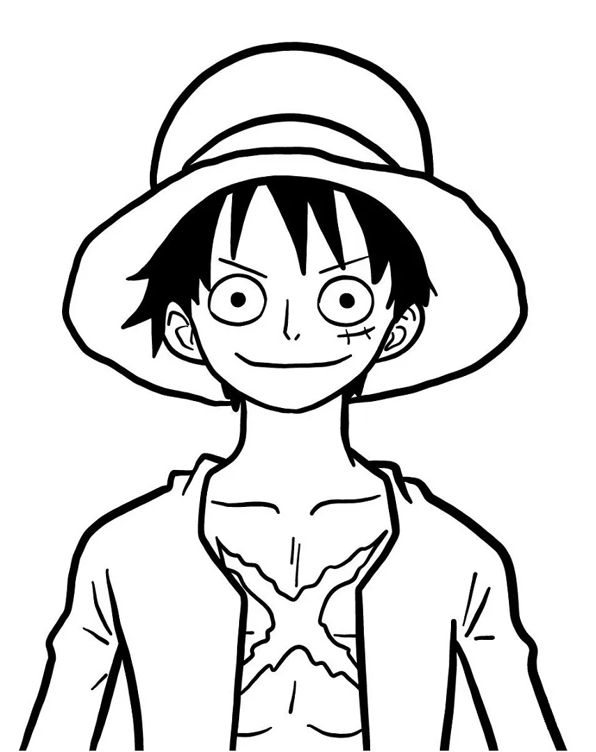 Desenho de contorno em preto e branco do Luffy de One Piece, centralizado, usando seu chapéu de palha e com a cicatriz em X visível no peito.