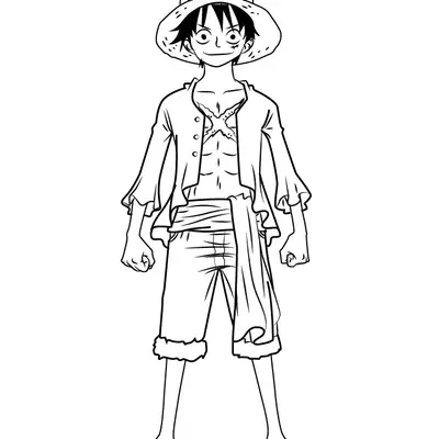 Desenho de contorno em preto e branco do Monkey D. Luffy em pé, de corpo inteiro, usando chapéu de palha, colete aberto e bermuda.