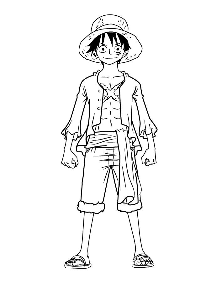 Desenho de contorno em preto e branco do Monkey D. Luffy em pé, de corpo inteiro, usando chapéu de palha, colete aberto e bermuda.