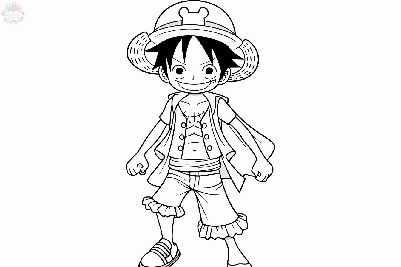 Desenho de contorno em preto e branco do Luffy em estilo chibijovem, usando chapéu de palha, capa curta e bermuda, com um grande sorriso.