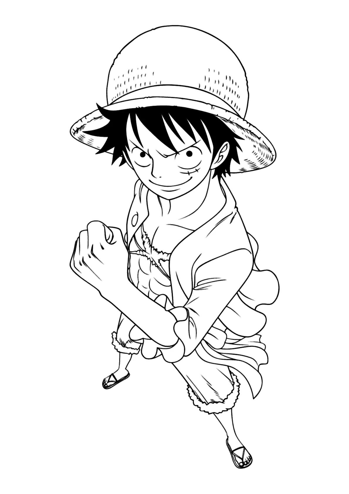 Desenho de contorno em preto e branco do Luffy de One Piece visto de uma perspectiva superior, com o punho cerrado à frente e usando chapéu de palha.