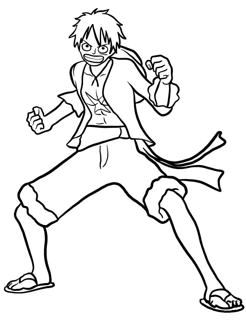 Desenho de contorno em preto e branco do Monkey D. Luffy em pose de luta, com pernas afastadas, punhos cerrados e chapéu de palha nas costas.