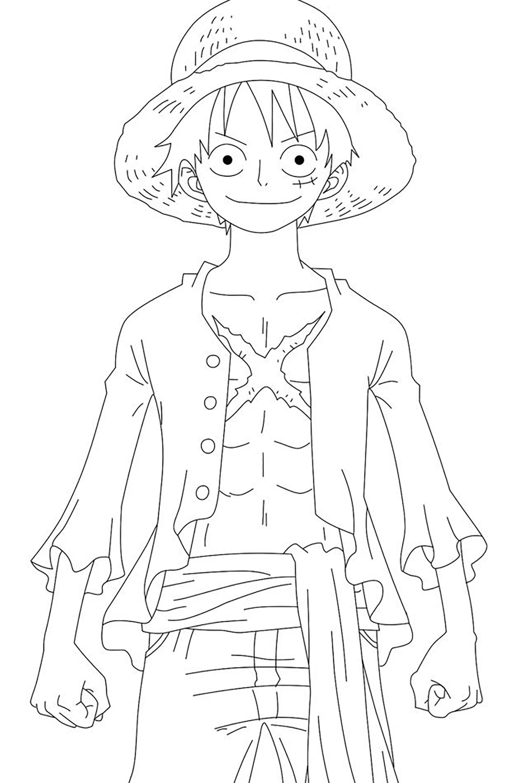 Desenho de contorno em preto e branco do Monkey D. Luffy de frente, com o chapéu de palha, colete aberto e cicatriz no peito visível.