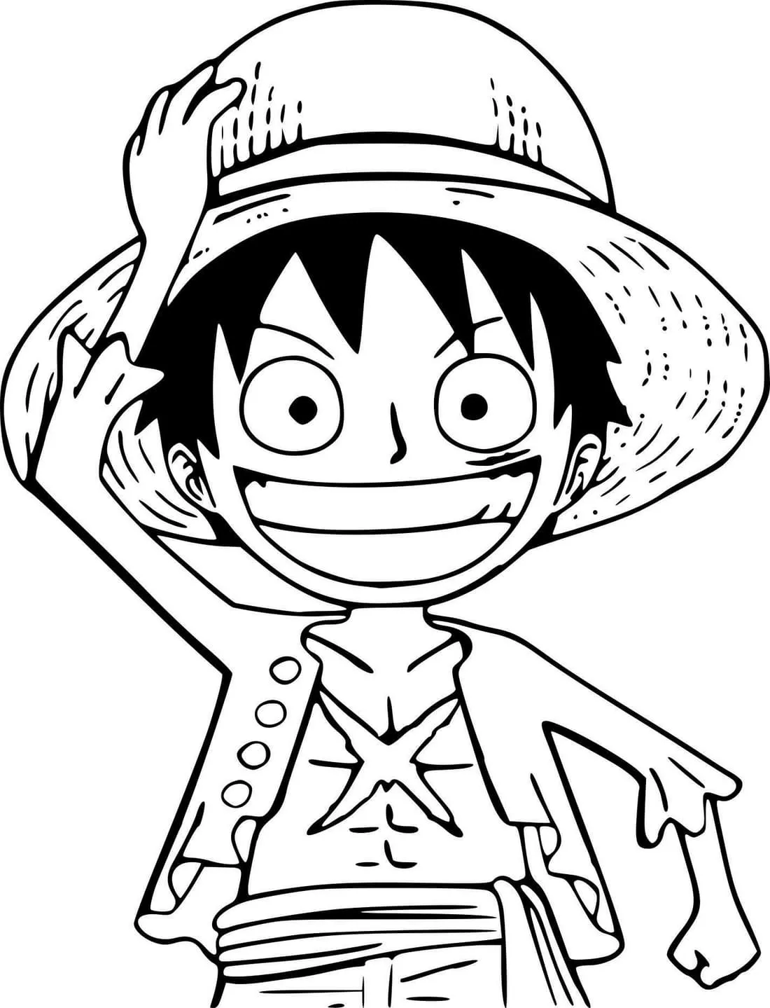 Desenho de contorno em preto e branco do Luffy sorrindo, com a mão direita segurando a aba do chapéu de palha e exibindo a cicatriz no peito.