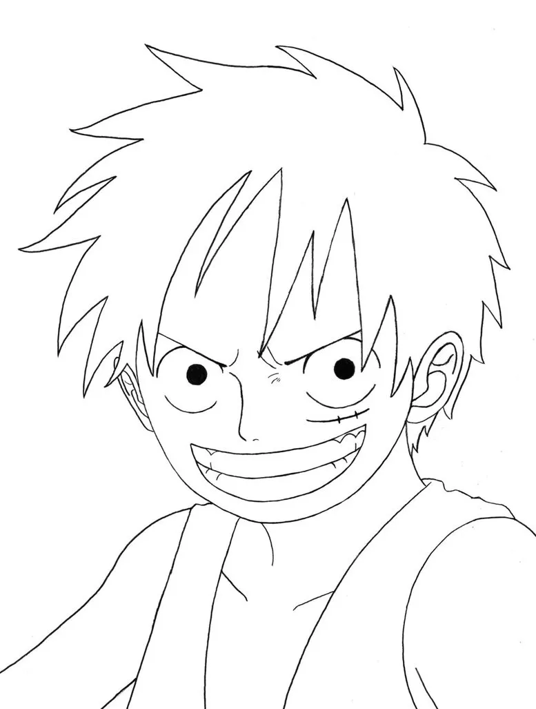 Desenho de contorno em preto e branco do rosto do Luffy, destacando o cabelo espetado, a pequena cicatriz sob o olho e o sorriso largo.
