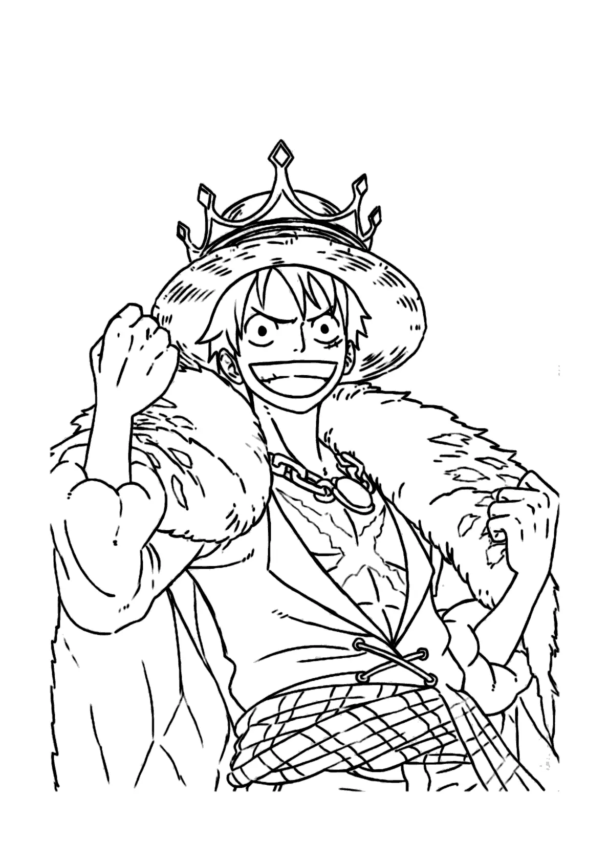 Desenho de contorno em preto e branco do Luffy usando uma coroa sobre o chapéu de palha, uma capa de pele e exibindo a cicatriz no peito.
