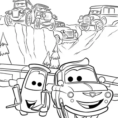 Desenho de contorno do Fiat 500 Luigi e da empilhadeira Guido em primeiro plano, com quatro carros antigos de estilo vintage sobre uma colina ao fundo.