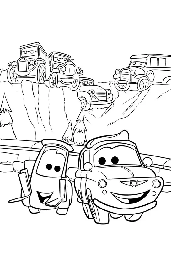 Desenho de contorno do Fiat 500 Luigi e da empilhadeira Guido em primeiro plano, com quatro carros antigos de estilo vintage sobre uma colina ao fundo.