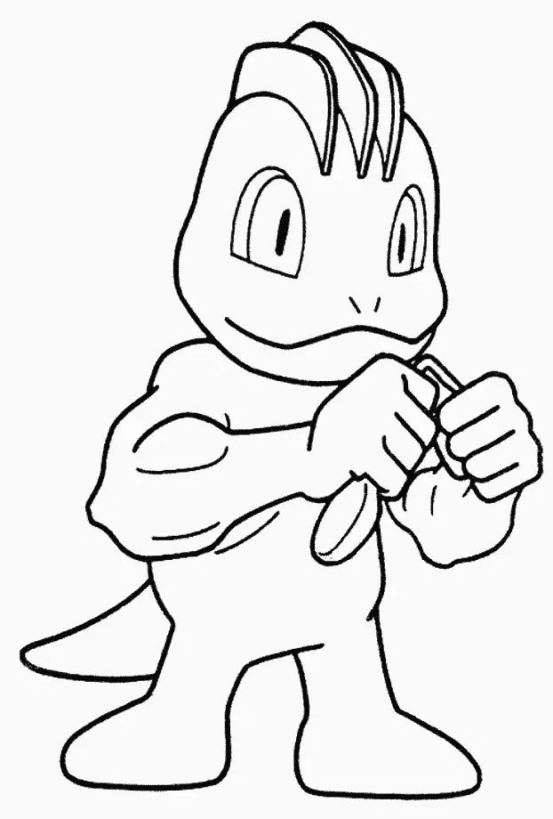 Desenho de contorno em preto e branco do Pokémon Machop flexionando os braços, mostrando seus músculos e as três cristas na cabeça.