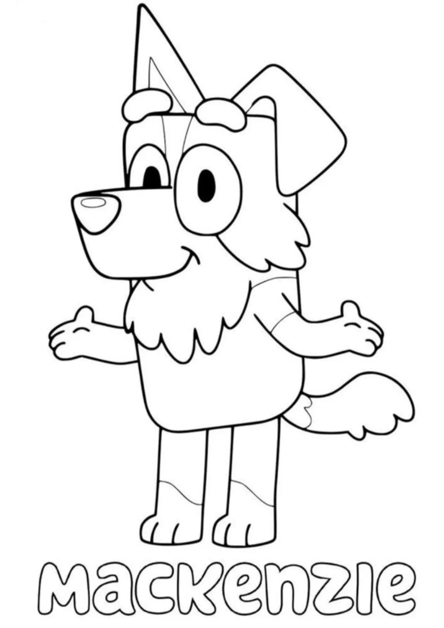Desenho de contorno do personagem Mackenzie da série Bluey, um Border Collie com pelos no peito e orelhas assimétricas, com seu nome escrito abaixo.