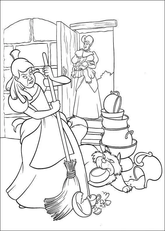 Desenho de contorno da Madrasta na porta segurando roupas, enquanto uma irmã segura uma vassoura e o gato Lúcifer está deitado perto de xícaras quebradas.