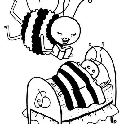 Desenho de contorno de uma abelha adulta voando e lendo um livro para uma abelha bebê deitada em uma cama com coberta listrada.
