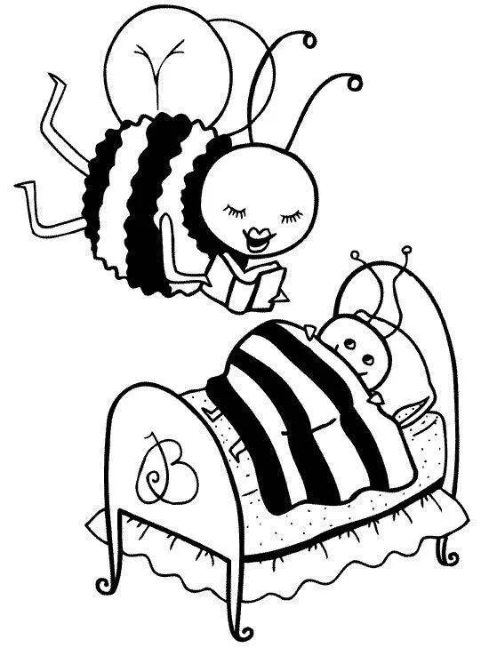 Desenho de contorno de uma abelha adulta voando e lendo um livro para uma abelha bebê deitada em uma cama com coberta listrada.