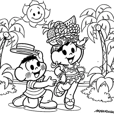 Desenho de contorno da Magali com chapéu de frutas, colares e babados, dançando na praia ao lado do Cascão que acena com um chapéu, com coqueiros ao fundo.