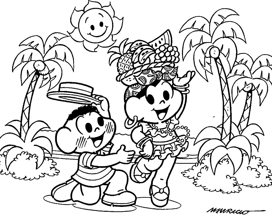 Desenho de contorno da Magali com chapéu de frutas, colares e babados, dançando na praia ao lado do Cascão que acena com um chapéu, com coqueiros ao fundo.