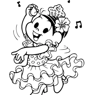Desenho de contorno da Magali da Turma da Mônica dançando, usando vestido de bolinhas com babados, uma pequena coroa de cupcake na cabeça e uma flor.