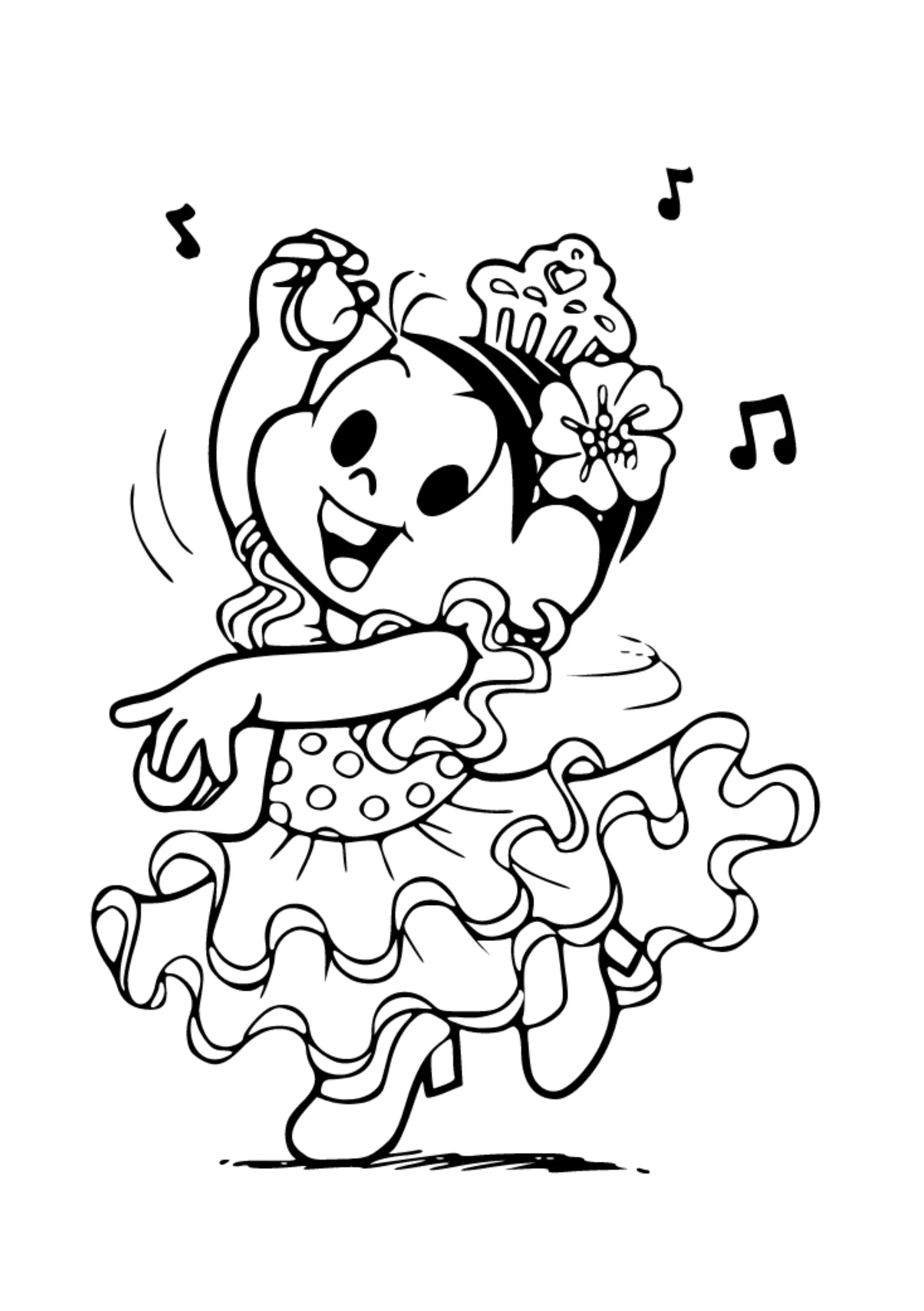 Desenho de contorno da Magali da Turma da Mônica dançando, usando vestido de bolinhas com babados, uma pequena coroa de cupcake na cabeça e uma flor.